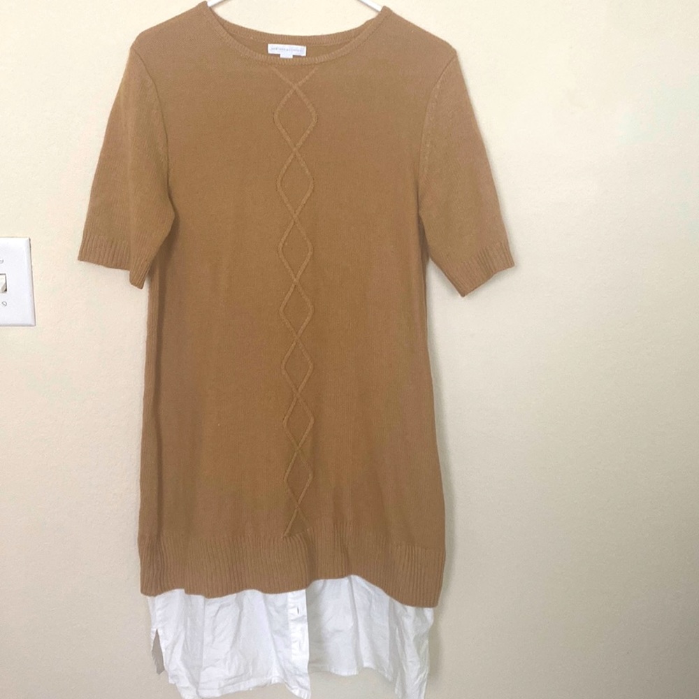 Tan knit dress with short sleeves and faux button down shirt.